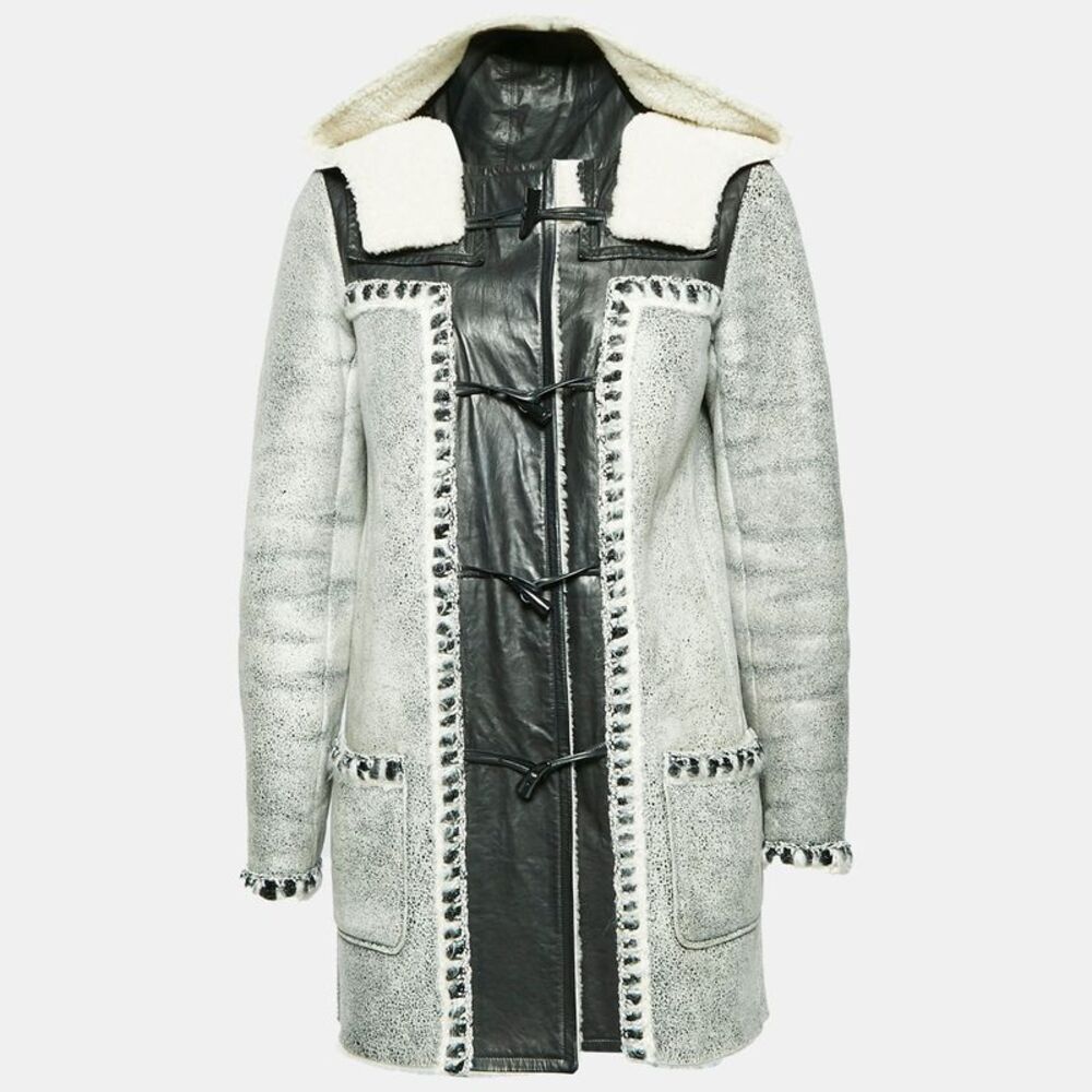 Chanel Black Shearling And Leather Hooded Duffle Coat M
